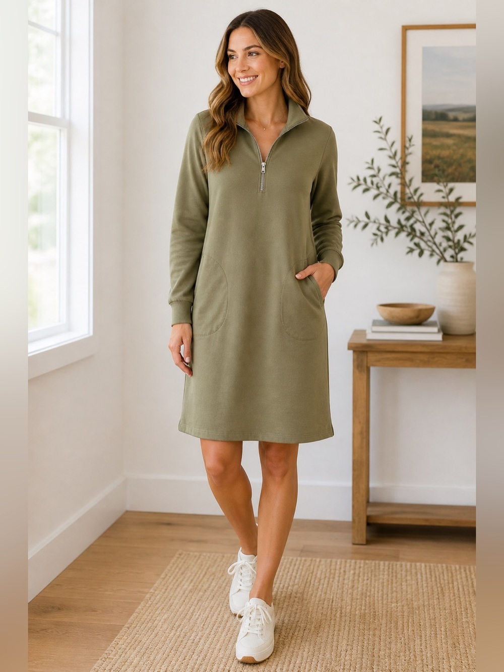 Garnet Hill Olive Half-Zip Sweatshirt Dress